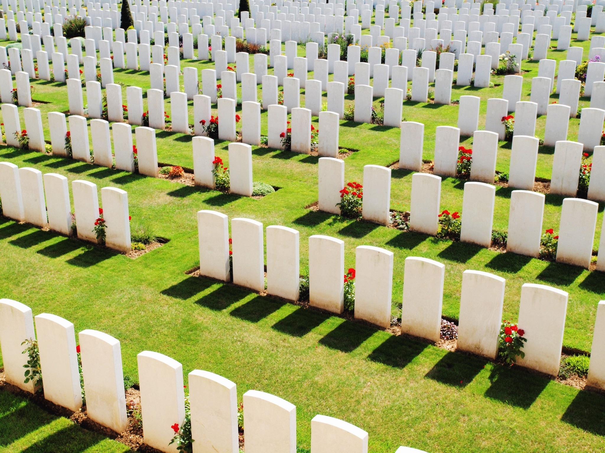 High Angle View Of White Tombstones In Military Graveyard
