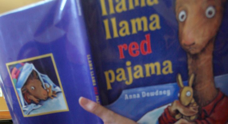 nolibrary_072_mac.jpg Kids front to back- Colin Lee, Nick Needham, Harlie Latham, Wyatt Latham and Hannah Joseph far right. Branch Supervisor Lori Hettman, reads" llama llama red pajama" book to the children. Jackson county in southern Oregon, just acro